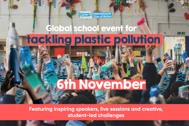 Plastic Clever Schools International Day of Action - image of schoolchildren's raised hands holding reusable water bottles in classroom