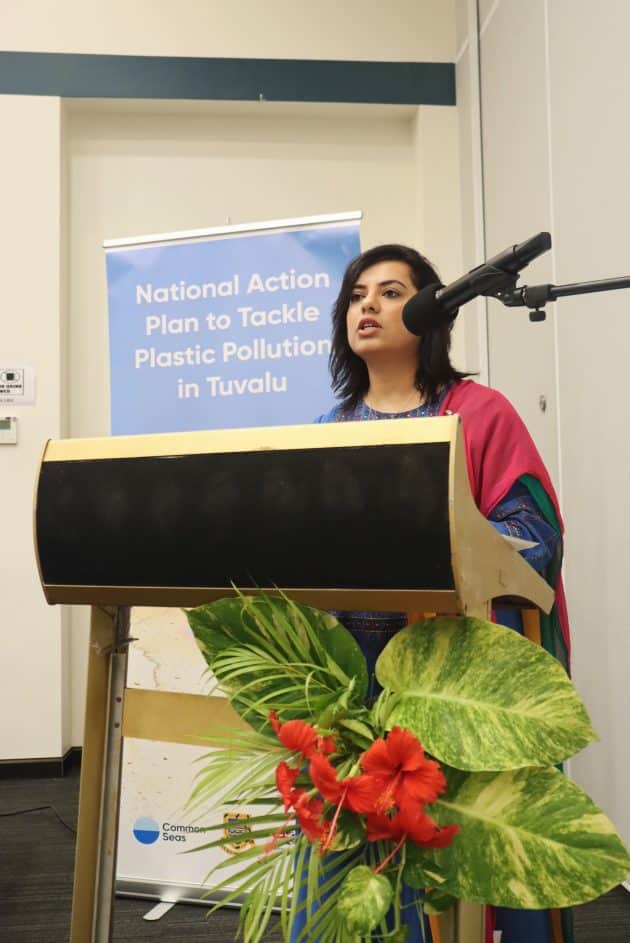 Faryal Gohar presenting at launch of National Action Plan to Tackle Plastic Pollution in Tuvalu