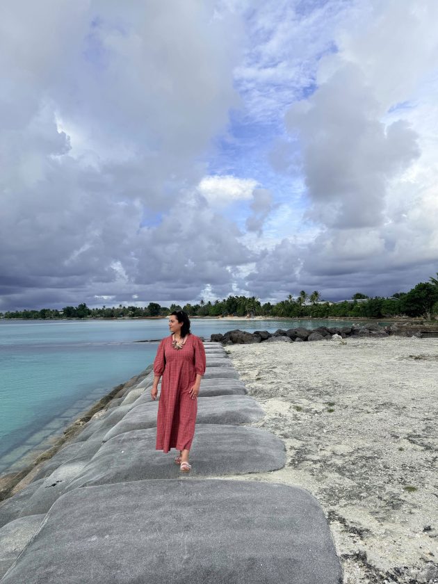 Faryal Gohar walking by sea in Tuvalu