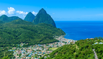 Financial assessment of policies to tackle plastic pollution in Saint Lucia - landscape image of Saint Lucia from an aerial view with pitons and coastline visible