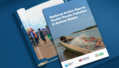 Mockup of Guinea-Bissau's National Action Plan to Tackle Plastic Pollution - policy document on dark blue background