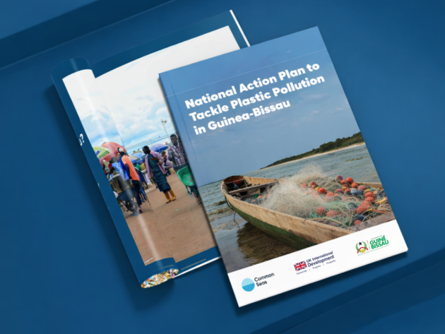 Mockup of Guinea-Bissau's National Action Plan to Tackle Plastic Pollution - policy document on dark blue background