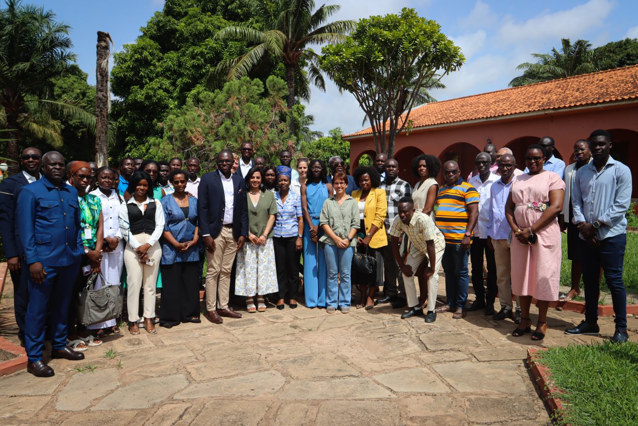 Group photo of Guinea-Bissau government and local stakeholders at workshop with Common Seas to develop the country's National Action Plan to Tackle Plastic Pollution. Group of professionals standing outside a government building with trees and blue skies behind.