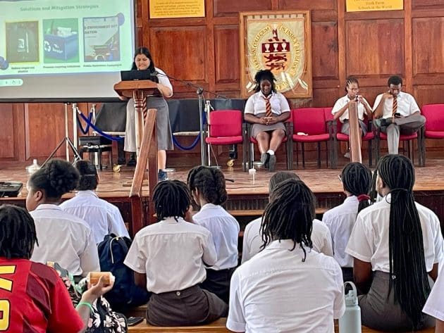 Students at Harrison College lead an assembly on plastic pollution